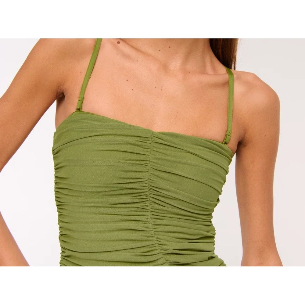 Abercrombie & Fitch Ruched Mesh Maxi Dress Avocado Green Medium Tall